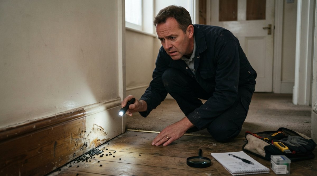 A landlord in work clothes pointing a torch at gnaw marks and droppings along a skirting board in a rental property, with a worried expression