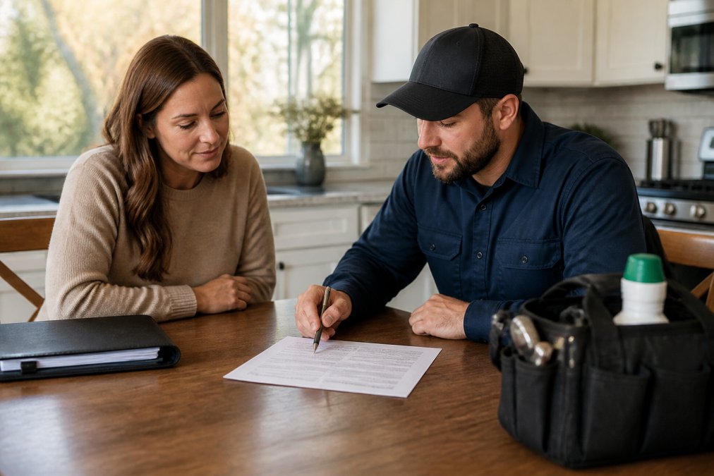 Infographic showing a homeowner and technician reviewing a service contract to verify a pest control guarantee.