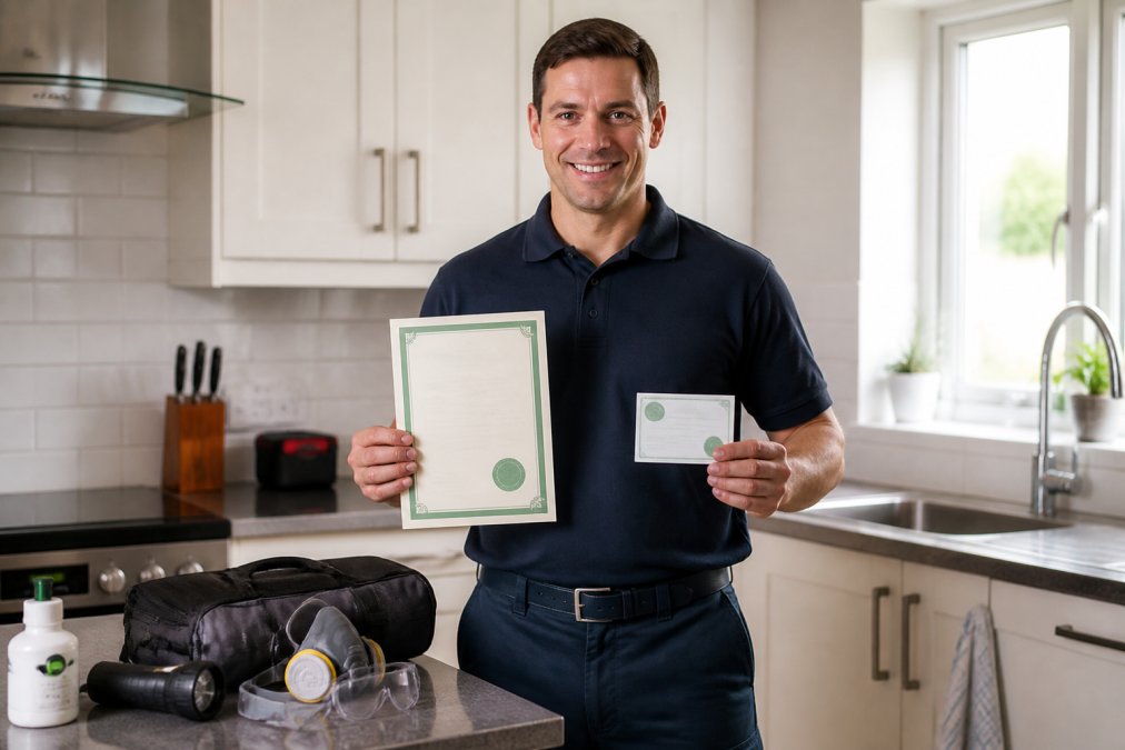 Professional pest control technician in uniform holding certification documents and credentials, standing in a residential kitchen with inspection tools visible on the counter