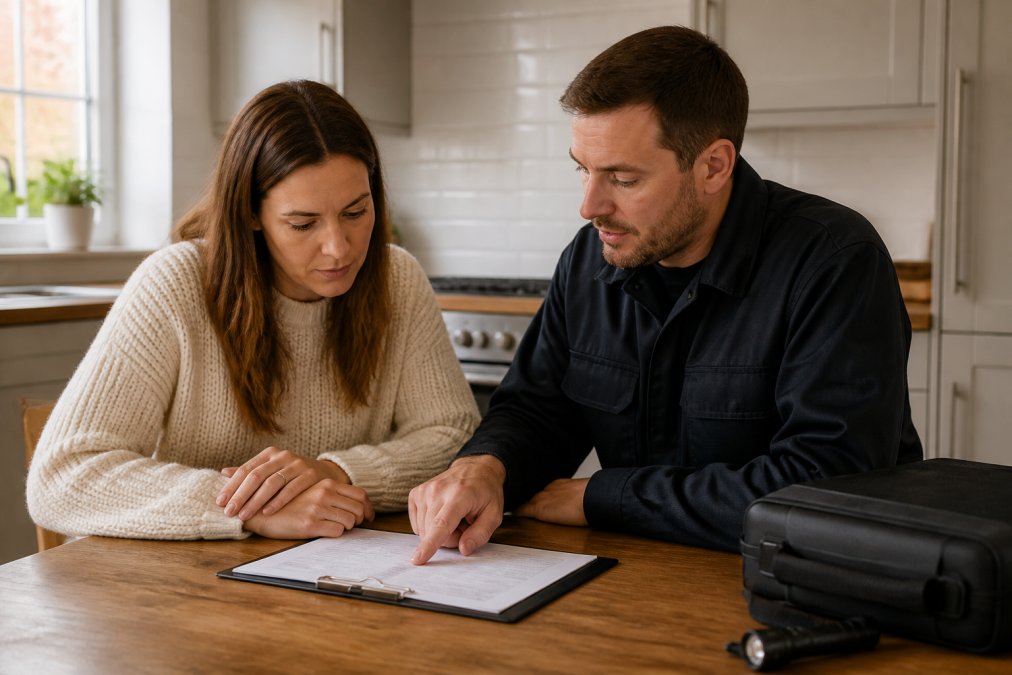 Homeowner reviewing a pest control service report document at a kitchen table, with a technician pointing to details on the paperwork