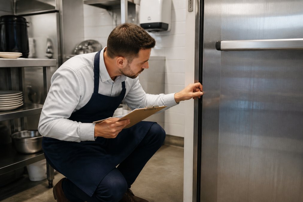 A cafe manager in a clean apron inspecting the seal around a commercial kitchen door with a clipboard, checking for gaps where pests could enter, stainless steel surfaces visible