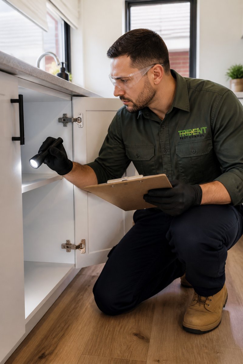 Licensed technician performing pest control Hoppers Crossing inspections in a kitchen cabinet.