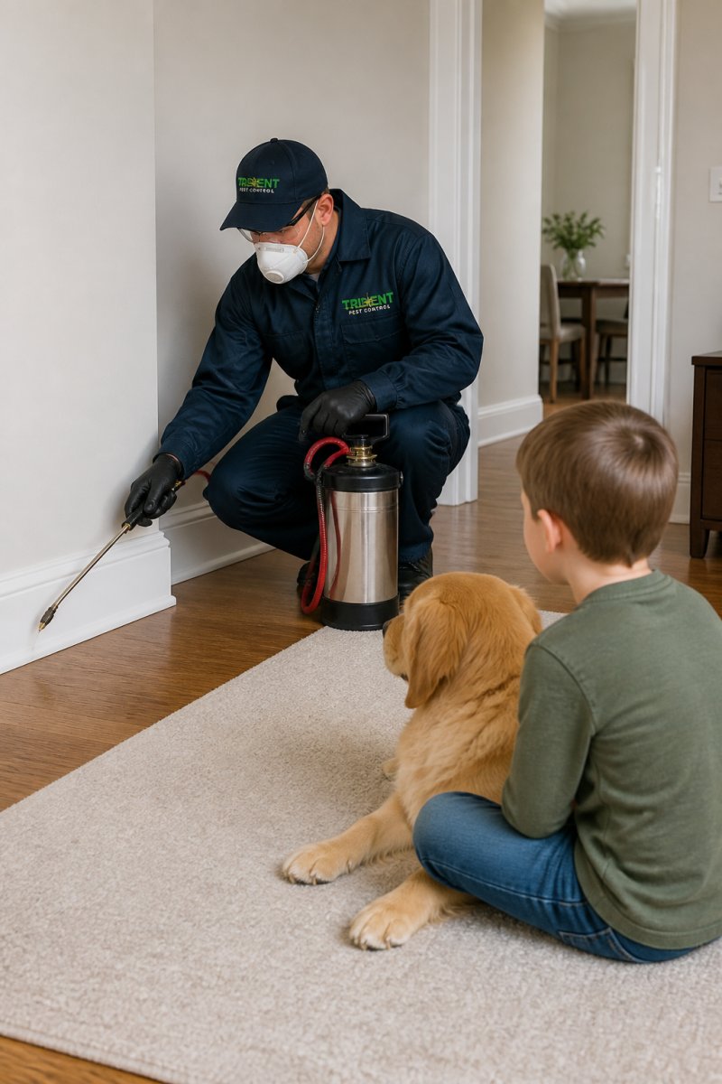 Licensed pest control technician in full protective uniform carefully applying targeted treatment around interior baseboards and corners of a home while a young child and dog observe safely from a distance across the room