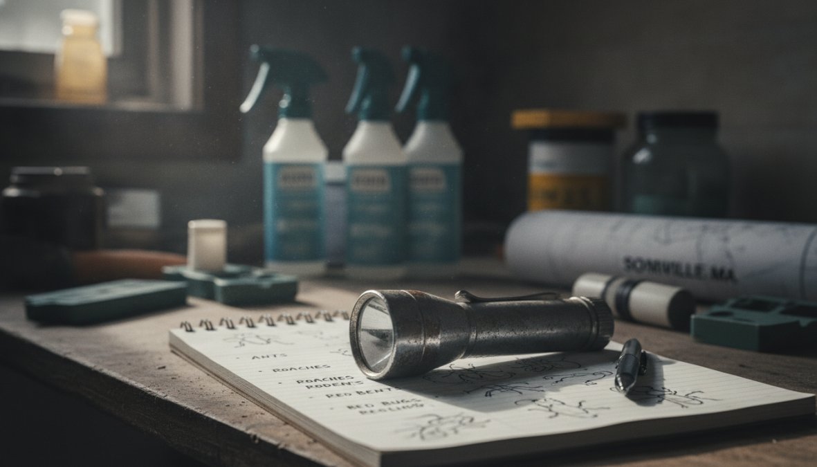 Licensed pest control technician in uniform performing inspection in residential basement, examining walls and corners with flashlight and notepad under fluorescent lighting