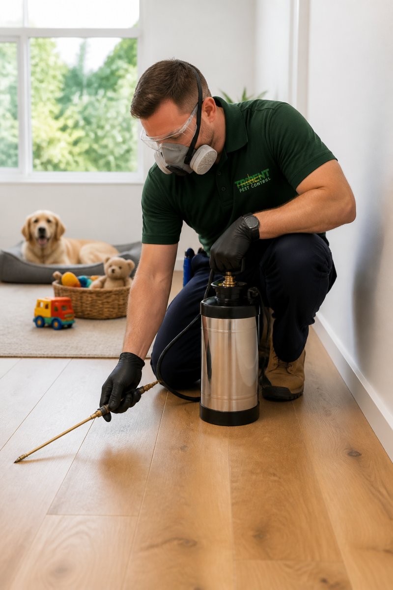 A licensed pest control technician in uniform and safety gear applying a targeted treatment along the skirting boards of a bright family home, with a child's toy and a dog bed visible in the background