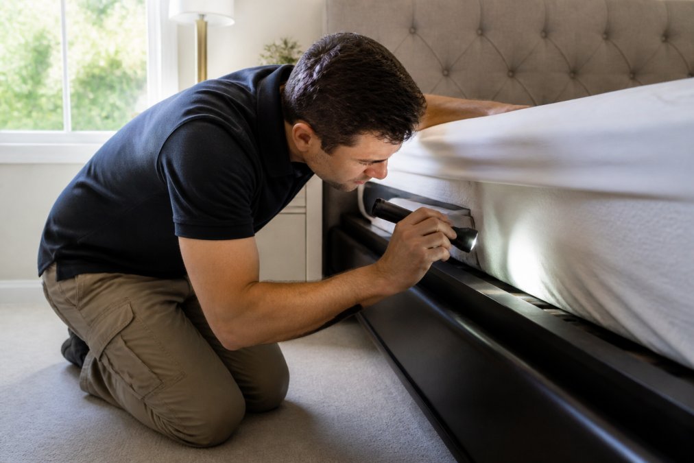 Homeowner using a flashlight to carefully examine mattress seams and bed frame for bed bugs, checking crevices and fabric surfaces in natural daylight