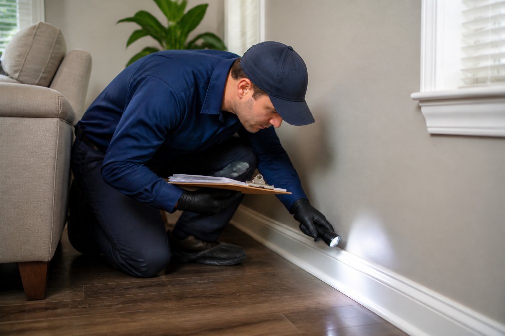 Licensed pest control technician in uniform performing detailed interior home inspection with flashlight, examining baseboards and corners while documenting findings on clipboard in residential living room
