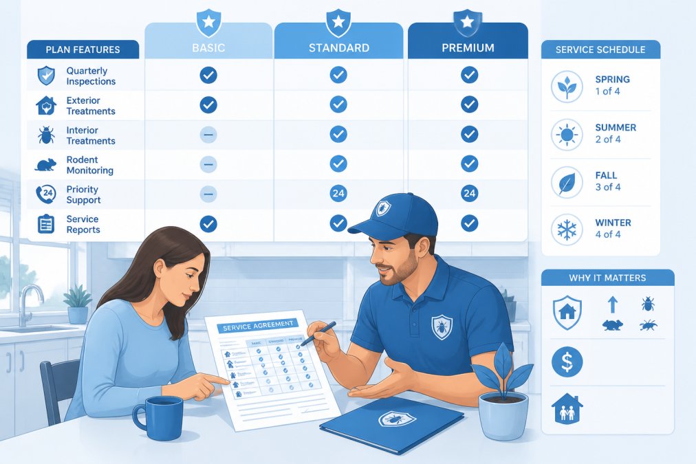 Homeowner reviewing detailed pest control service agreement document at kitchen table while licensed technician in polo shirt explains plan coverage and service schedule, natural morning light from window