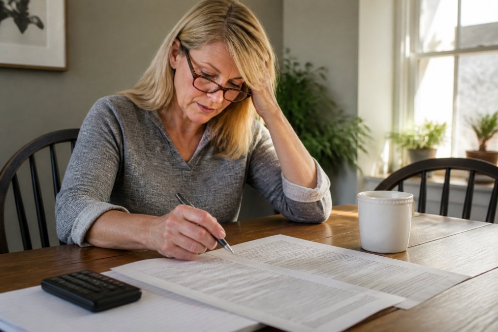 A homeowner carefully reviewing a pest control contract document at a dining table with reading glasses and a pen, studying the fine print in natural afternoon light