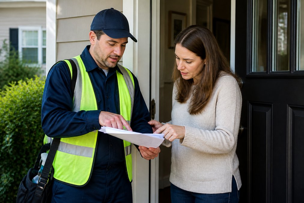 A pest control technician in uniform and safety vest discussing service details and contract terms with a homeowner at their front door, both holding paperwork and pointing at specific sections