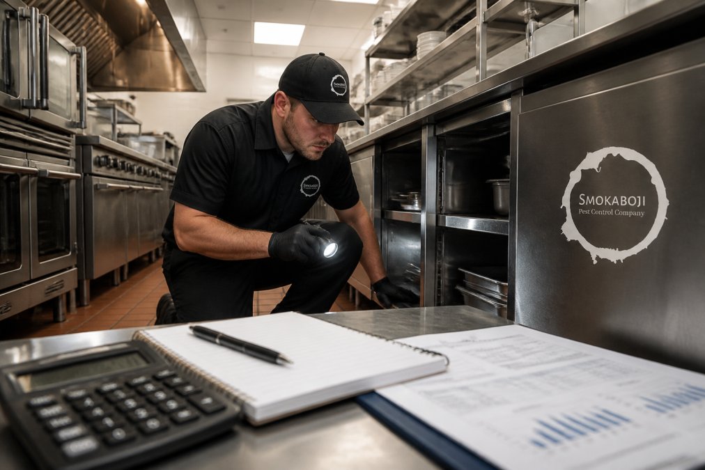 Licensed pest control technician in uniform carefully inspecting corners and equipment in a commercial kitchen, checking under stainless steel counters and behind appliances with a flashlight in bright overhead lighting