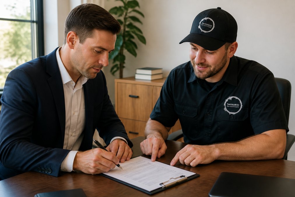 Business owner in professional attire and pest control professional in uniform sitting at an office desk, reviewing and discussing a service agreement document with a pen in hand, natural window lighting in background