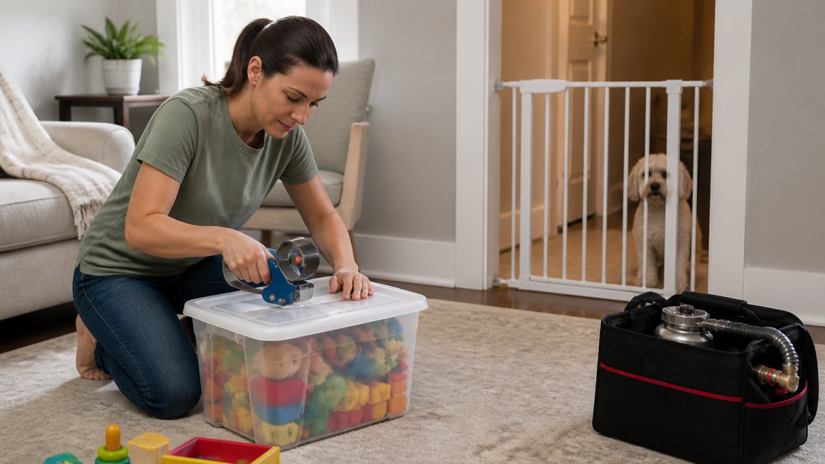 A parent kneeling in a bright living room, sealing a box of children's toys while a small dog watches from a gated doorway, with a pest control technician's equipment bag visible near the wall