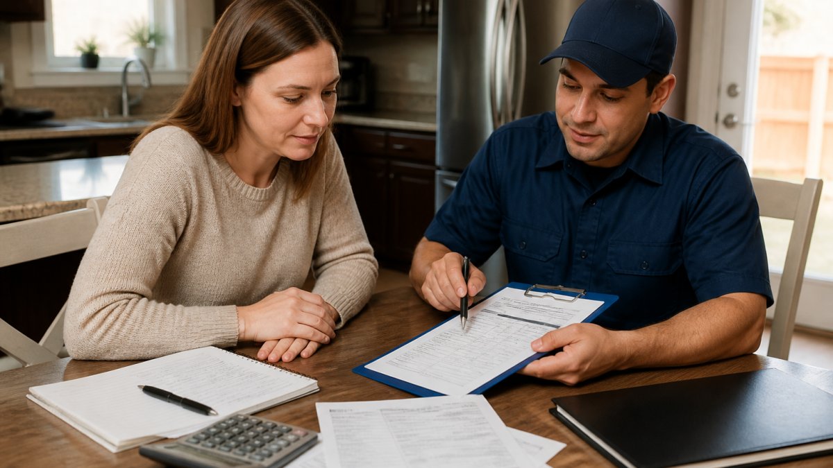 A homeowner and a pest control technician in uniform reviewing a service plan and pricing sheet at a kitchen table, with a clipboard and pen visible