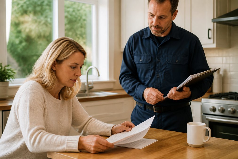 Homeowner reviewing pest control service contract documents at kitchen table with technician in uniform standing nearby holding paperwork and clipboard