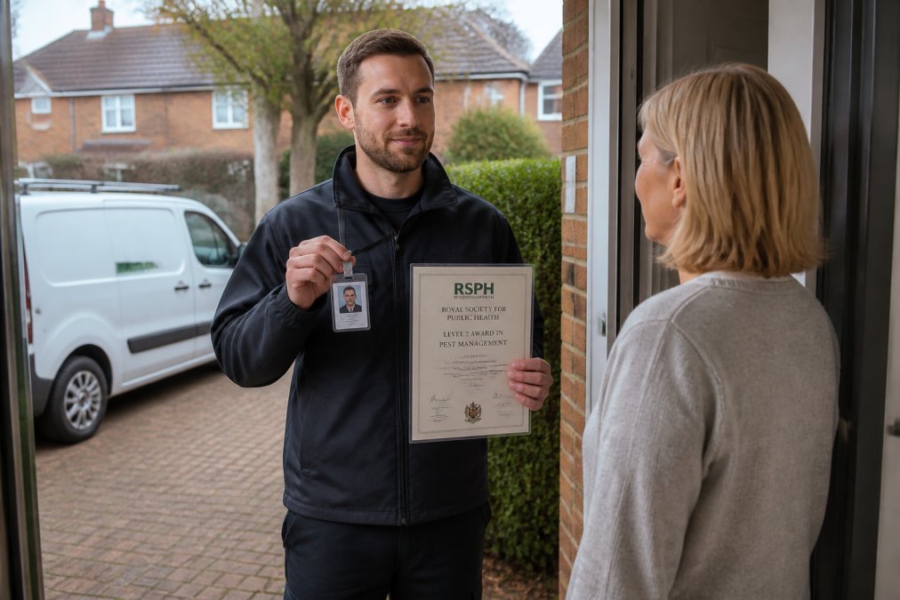A pest control technician in a clean uniform showing a photo ID badge and a laminated RSPH certificate to a homeowner at an open front door, with a branded white van parked on a residential driveway behind them, soft morning daylight