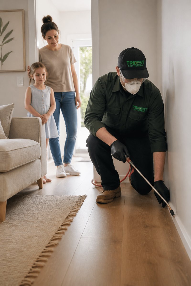 A licensed pest control technician in protective gear applying treatment along the skirting boards of a bright, tidy family living room while a parent and young child watch safely from the doorway