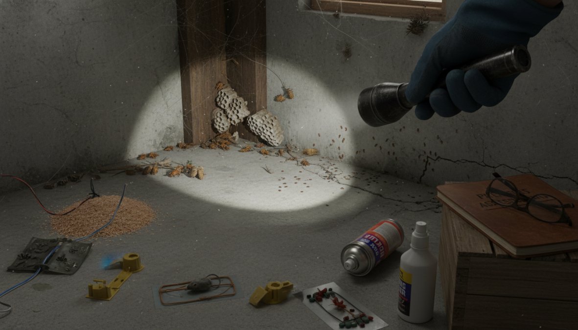 Close-up photograph of a licensed pest control technician in uniform kneeling beside a wooden baseboard, shining a flashlight along the floor joint, examining for termite damage or rodent entry points inside a well-lit residential living room