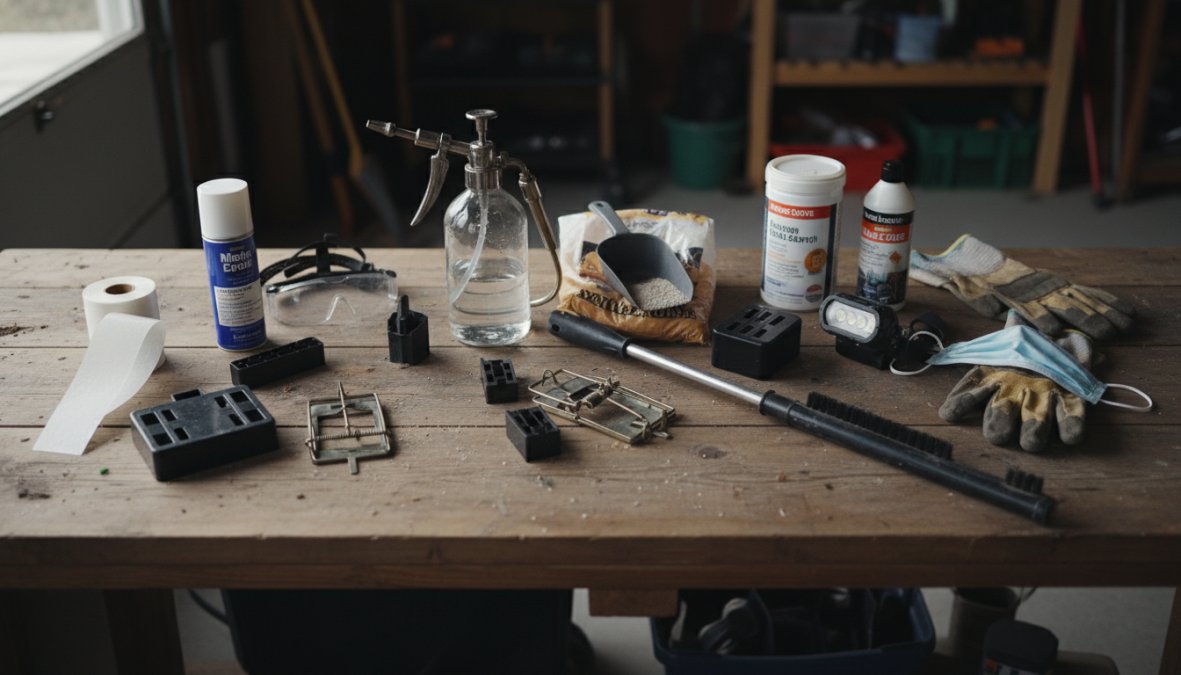 Overhead flat-lay photograph of common DIY pest control products arranged neatly on a white kitchen counter: bait stations, a trigger spray bottle, a container of diatomaceous earth, glue traps, and bright yellow protective gloves under warm kitchen lighting