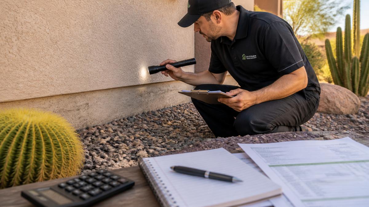 A pest control technician in uniform inspecting the exterior foundation of a single-family home, holding a clipboard and flashlight, with desert landscaping visible in the background