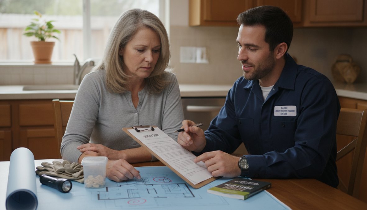 A homeowner in casual clothing sitting at a kitchen table reviewing a pest control service quote on a clipboard, a uniformed technician seated across from them pointing to specific line items, warm afternoon light through a window
