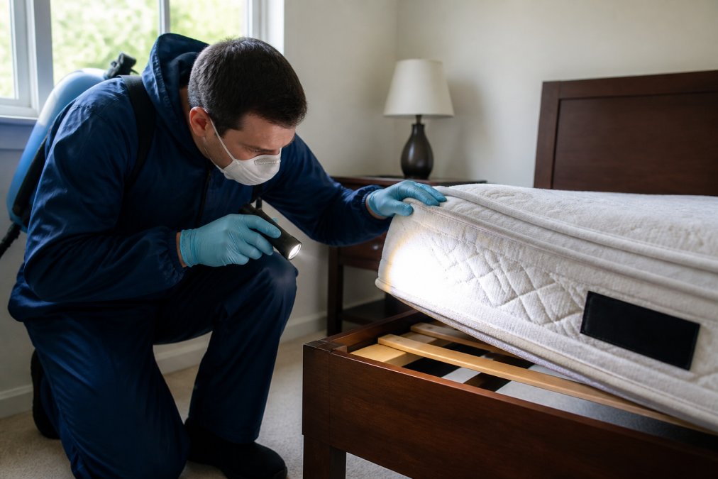 Professional pest control technician in protective equipment conducting thorough inspection of mattress seams and bed frame for bed bug evidence in residential bedroom with natural window lighting