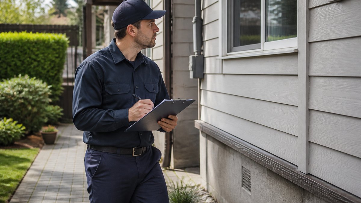 Professional pest control technician in uniform carefully inspecting exterior of residential property with clipboard, natural daylight illuminating the inspection area