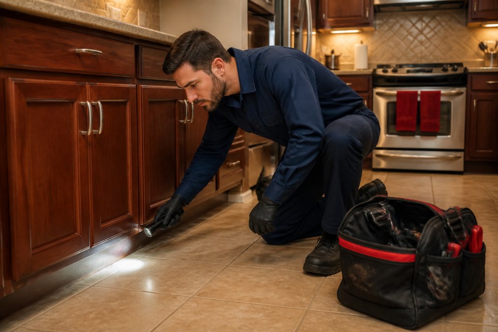 Professional illustration showing kitchen and licensed and pest concepts for pest exterminator