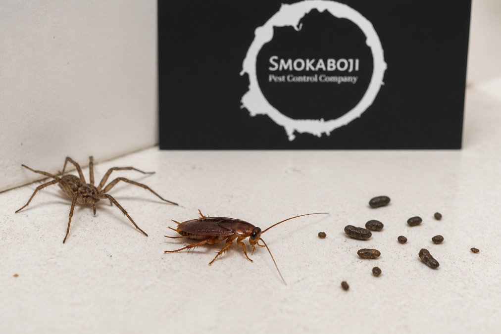 Close-up view of common household pests including a spider, cockroach, and rodent droppings on a light surface, showing distinguishing physical characteristics and exoskeleton details
