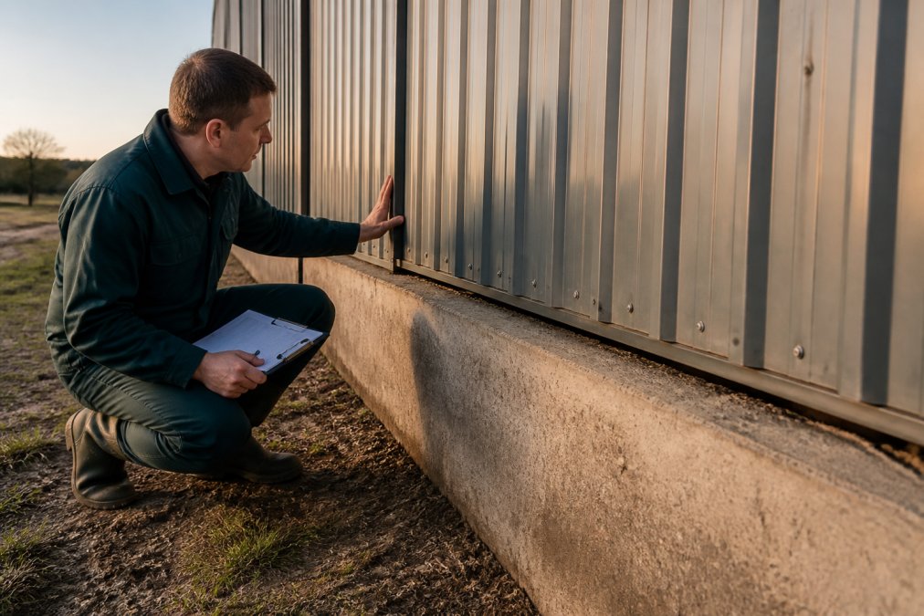 A farmer in workwear inspecting the exterior wall of a large metal agricultural barn for gaps and potential entry points, holding a clipboard in the late afternoon light