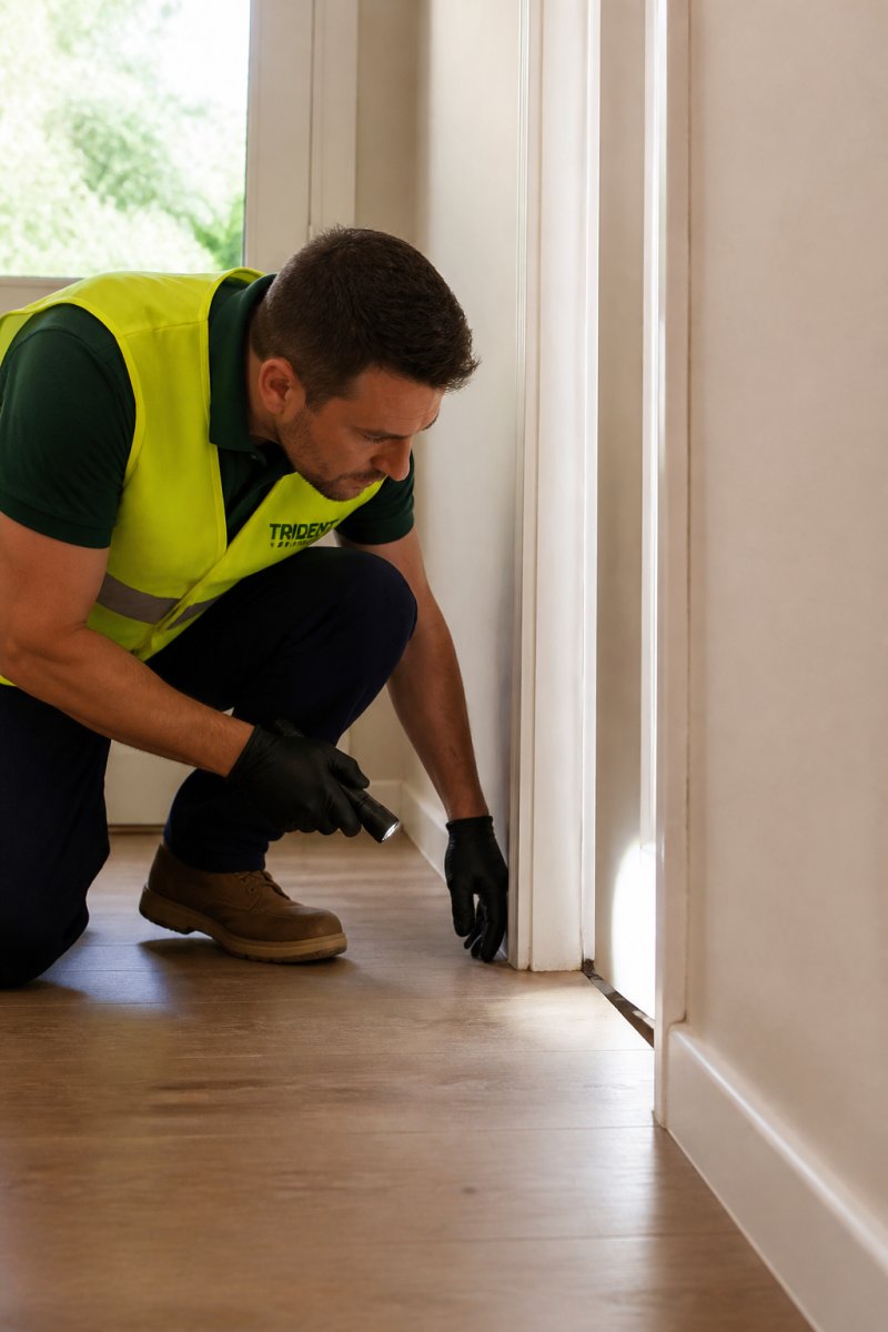 Close-up of a pest inspector crouching down and using a torch to examine a gap along a door frame and wall junction, wearing a high-visibility vest in a residential hallway with natural daylight coming through a nearby window