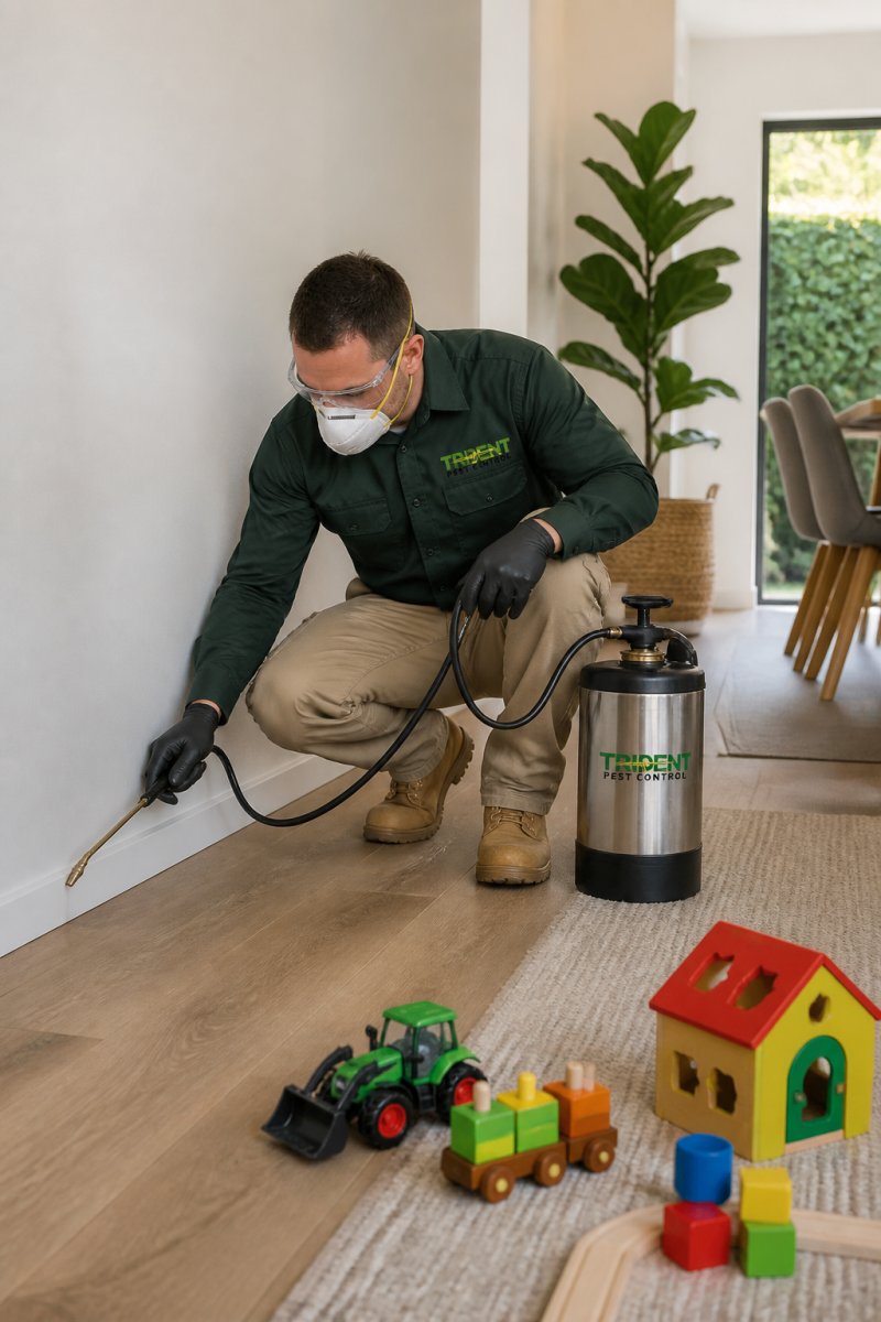 A licensed pest control technician in full uniform and protective equipment applying treatment along the skirting boards inside a bright family home, with colourful children's toys visible on the floor nearby, warm indoor lighting