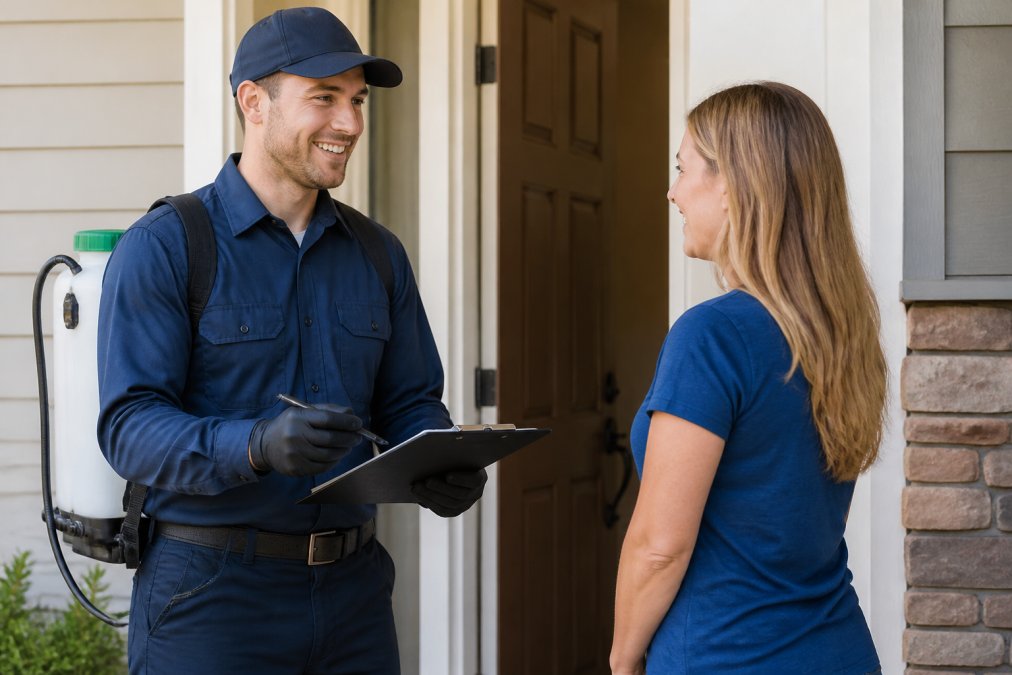 Professional pest control technician in uniform and protective gear speaking with homeowner at residential front door, reviewing treatment plan on clipboard with friendly professional demeanor