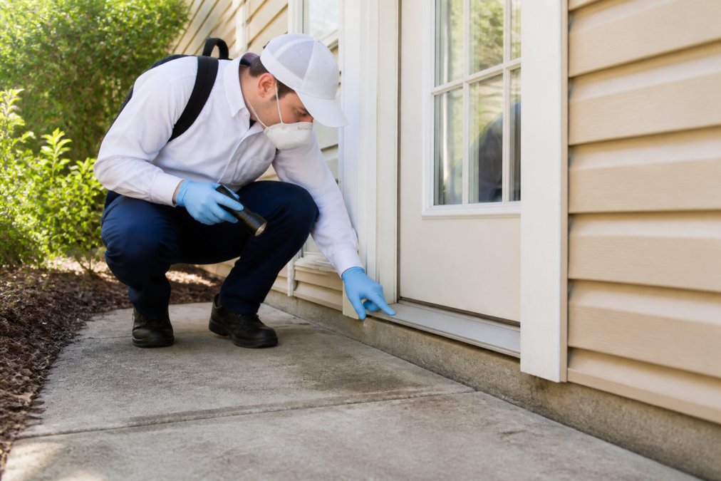 Licensed pest control technician in protective gear and gloves inspecting foundation perimeter of residential home, checking weatherstripping and caulking around door frame for pest entry points in natural daylight