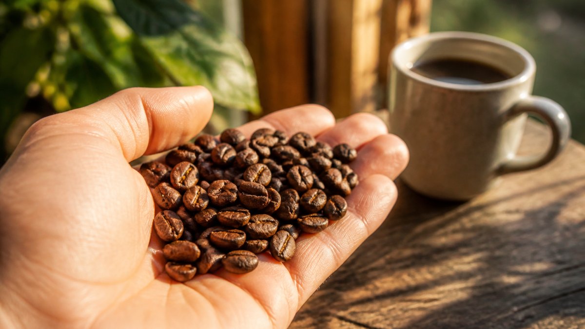 Close-up of freshly roasted coffee beans in a hand, showing rich color and detail, with a warm coffee cup and morning sunlight in the background