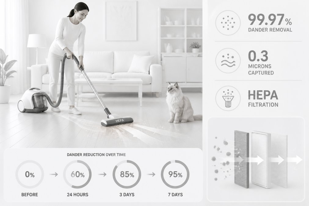 Person using a HEPA-filtered vacuum on hardwood flooring while a cat sits nearby, showing active allergen removal in a bright living room