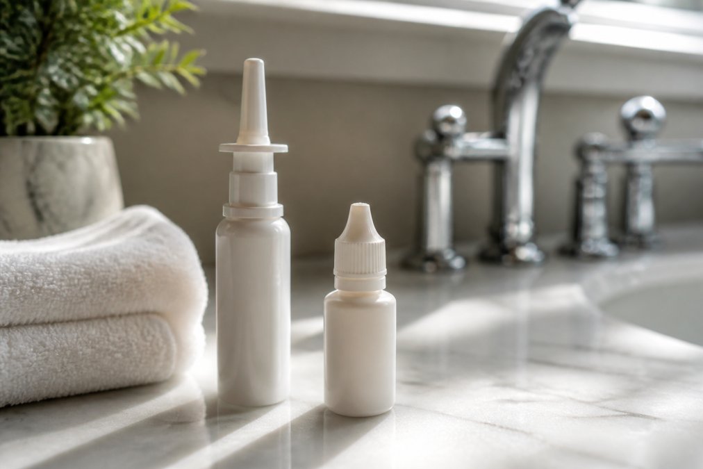 Close-up of allergy relief products including nasal spray bottle and eye drops on a bathroom counter with natural lighting
