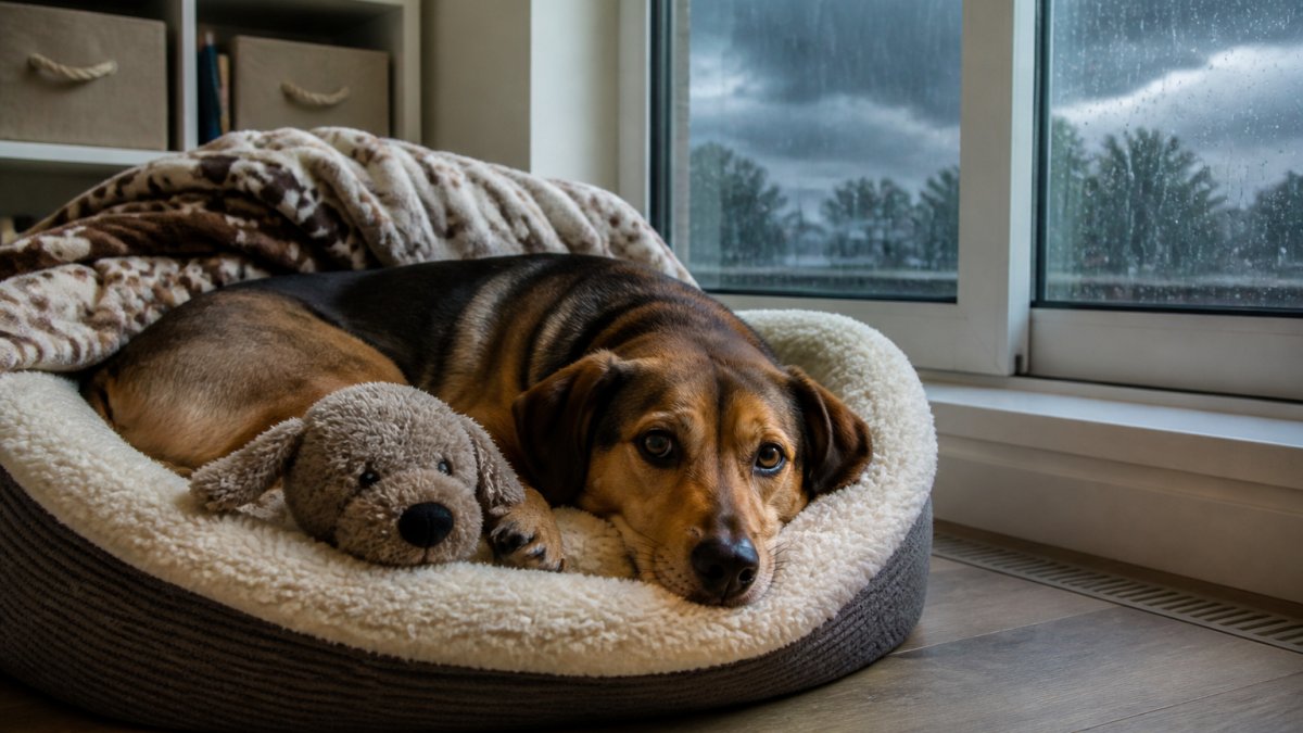 A dog resting calmly inside a cozy indoor safe space with a blanket and a plush toy, while rain streaks a nearby window during a storm