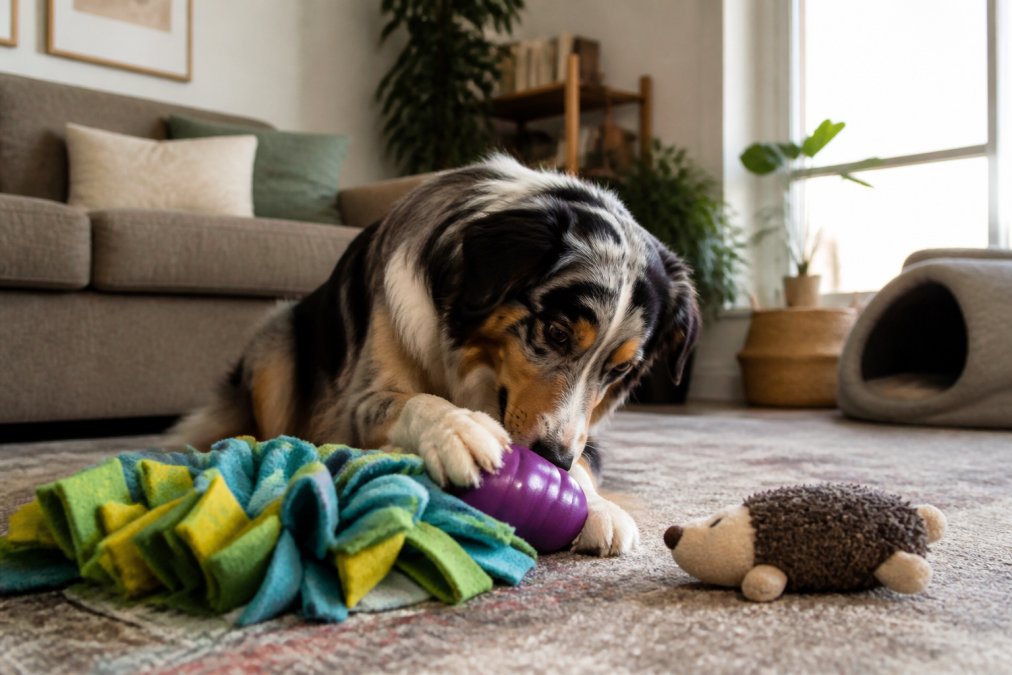 Calm dog playing with rubber anxiety relief toys and a snuffle mat on a cozy living room rug