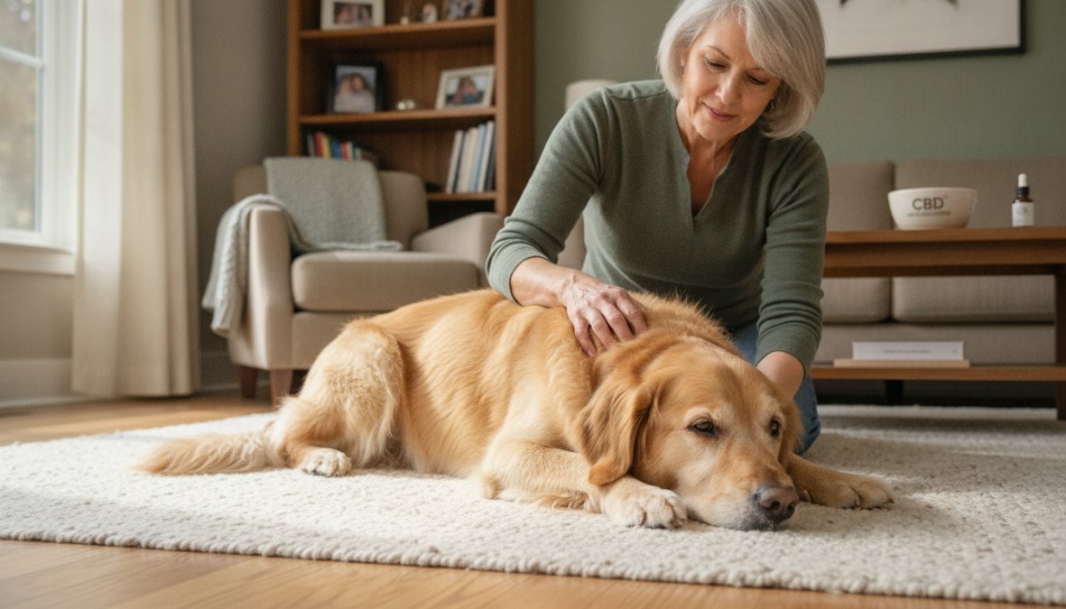 A calm dog resting on a soft bed in a peaceful home environment, with an owner's hand gently petting its head, showing comfort and care