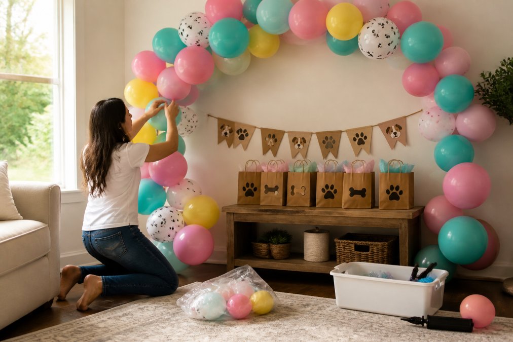 A person kneeling on a living room floor assembling a colorful balloon garland arch against a wall, with a handmade birthday banner and filled treat bags arranged on a low table nearby, warm afternoon light through a window
