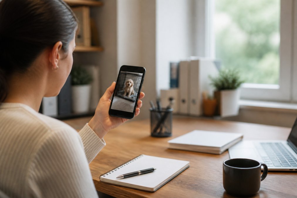 Person using a smartphone to view live pet camera feed of their dog in a crate, with two-way audio button visible on the app screen, sitting in a modern office with natural window lighting
