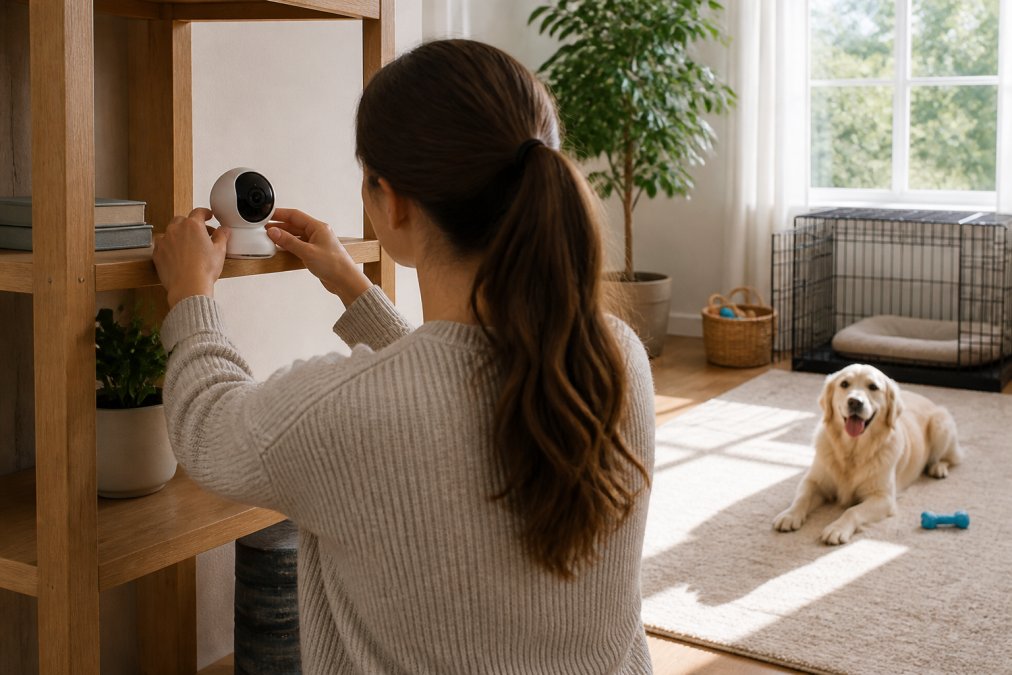 Dog owner positioning a pet camera on a wooden shelf in a bright living room, carefully adjusting the angle to capture both the dog's crate and play area with natural window light streaming in