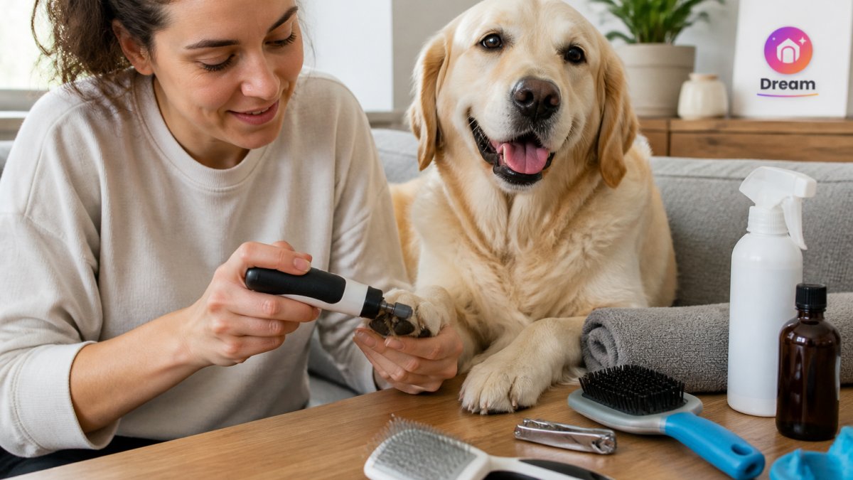 Pet owner using an electric nail grinder on a calm dog's paw, with grooming brushes and supplies arranged on a table nearby
