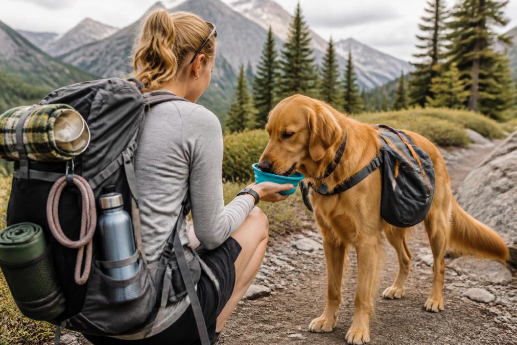Dog and owner on a hiking trail with portable water bottles, carriers, and camping gear visible in a backpack, demonstrating real outdoor pet adventure setup