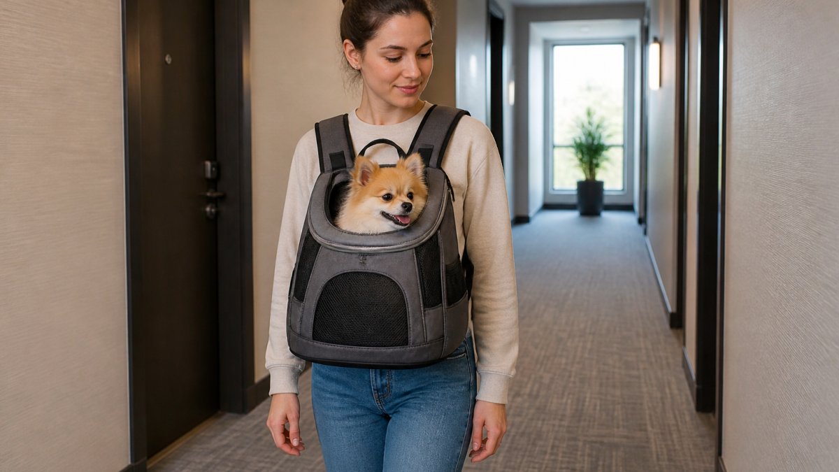 Diagram illustrating how a front-facing pet backpack provides hands-free portability and ventilation.