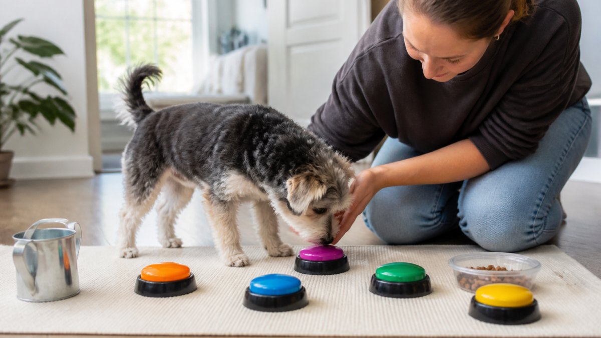 Owner gently guiding a dog's nose toward a recordable speech button on a mat in a bright living room