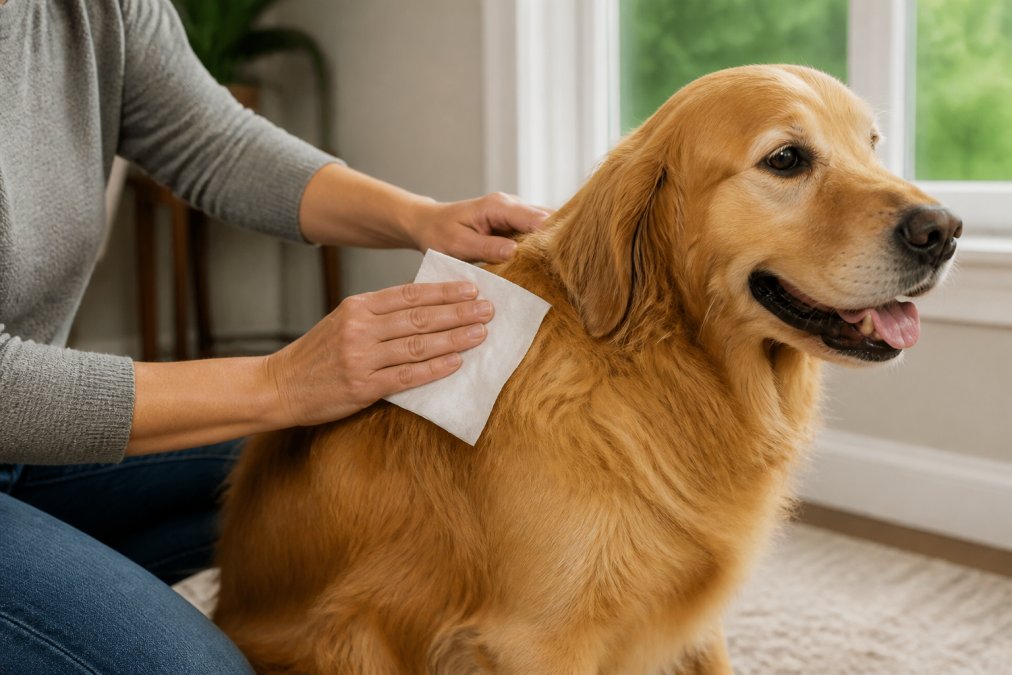 Person's hands gently wiping a dog's coat with an allergen-removal wipe, showing the product in use on the pet's fur in natural daylight near a window