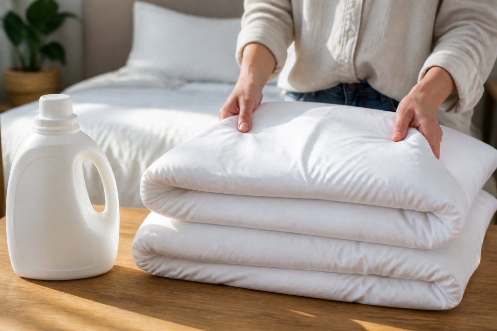 Close-up of freshly laundered white bedding being folded by hands, with an anti-allergen laundry detergent bottle visible on a wooden surface nearby in morning light