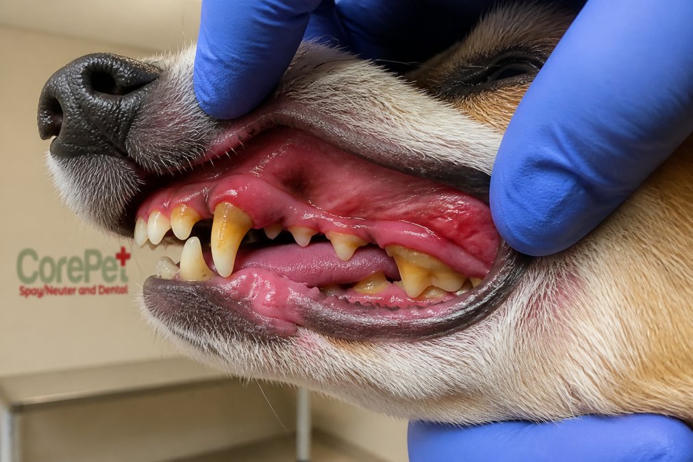 Close-up of a dog's mouth showing red, inflamed gums and visible tartar buildup on teeth with surrounding soft tissue inflammation